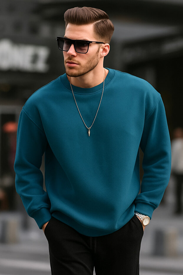 سويت شيرت رجالي أساسي ذو ياقة دائرية ومقاس كبير TR4477 - 1