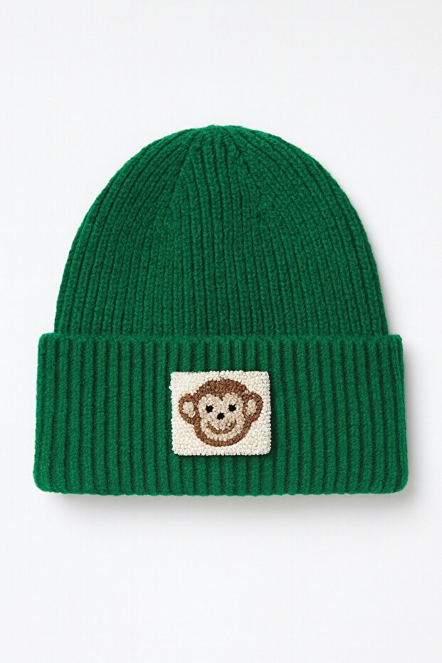 Green Wool Luxury Monkey Punch Detailed Beret Green Beret New Year