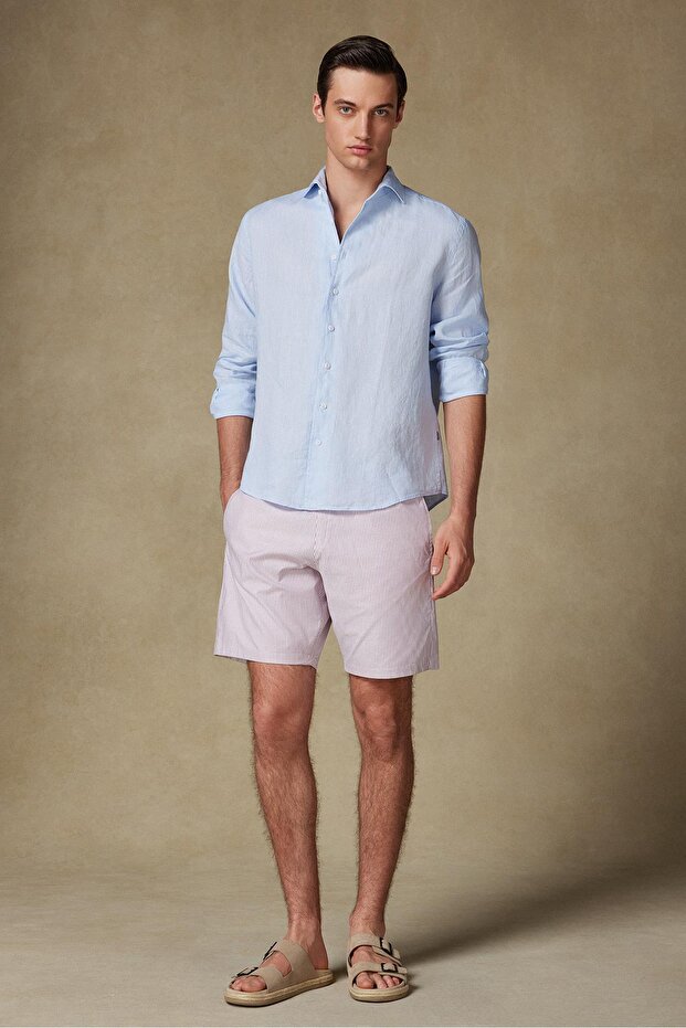 Sky Oxford Stretch Cotton Blended Comfort Fit Burgundy Men's Striped Shorts