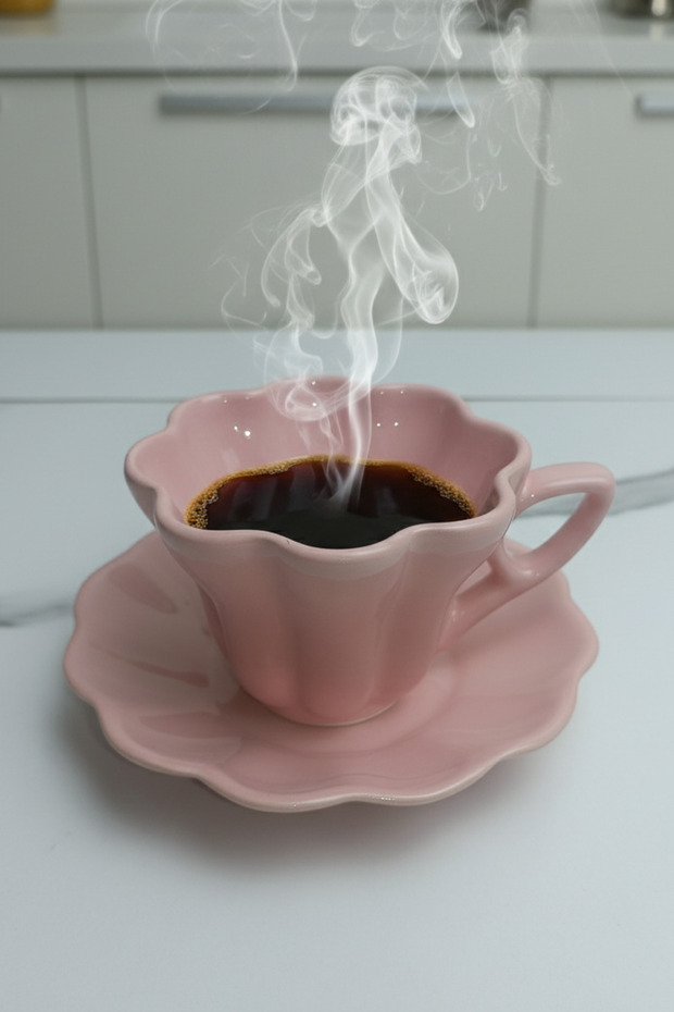 Zarif Papatya Desenli Tabaklı Kahve Fincanı - Pembe - 8