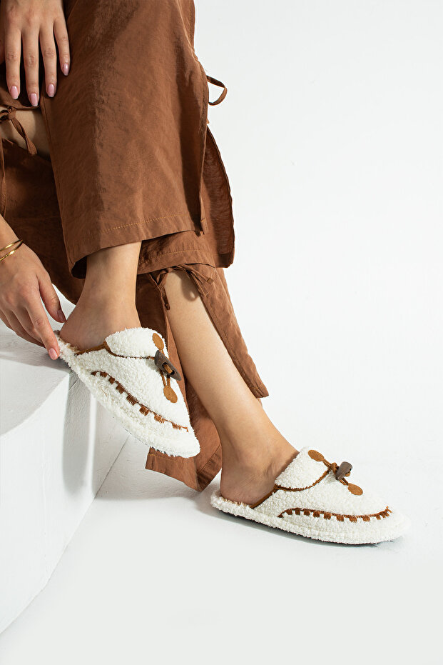 White Ivory Stitched Washable Winter Women's Slippers (Narrow Fit)