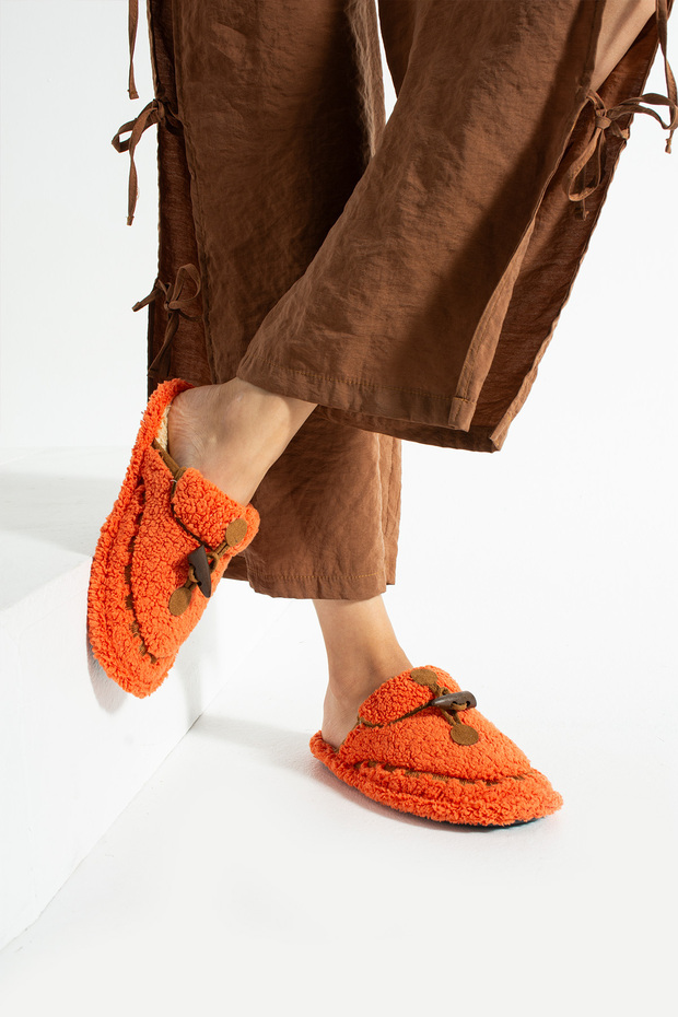 Turuncu Fildişi Dikişli Yıkanabilir Kışlık Kadın Terlik (Dar kalıptır) - 6