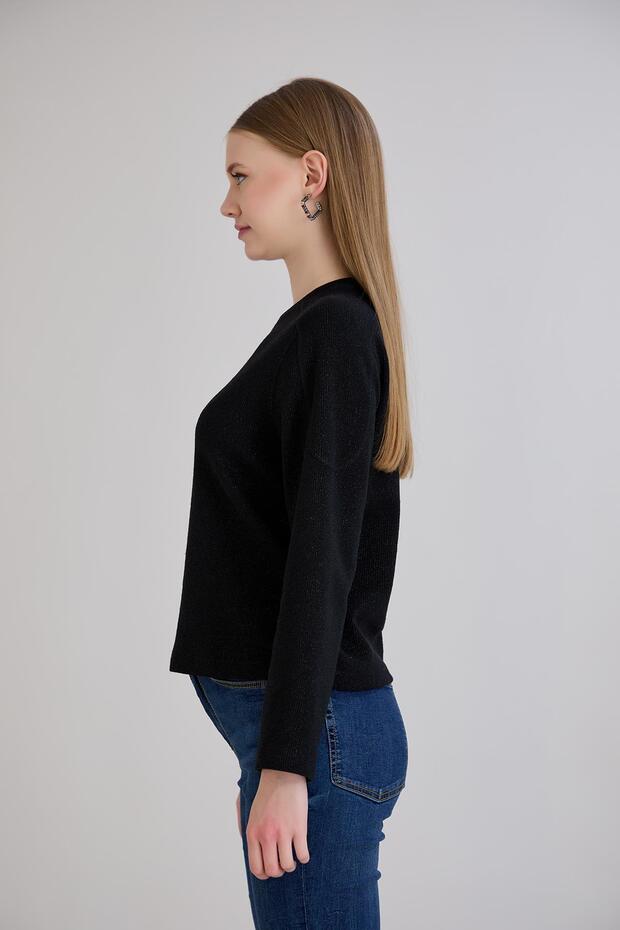 Kadın Bisiklet Yaka Regular Kalıp Siyah Basic Simli Triko - 7