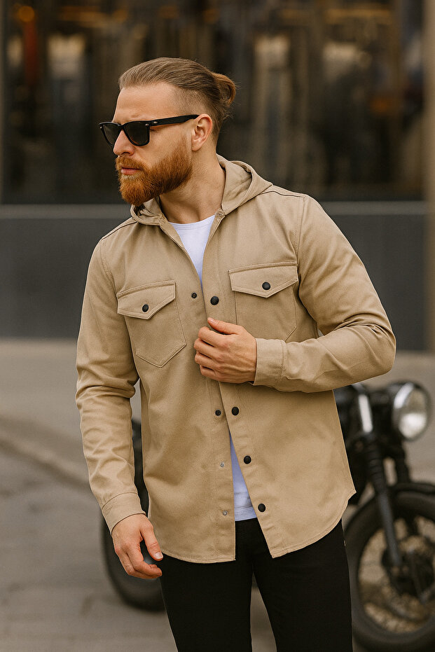 Mink Color Hooded Denim Jacket
