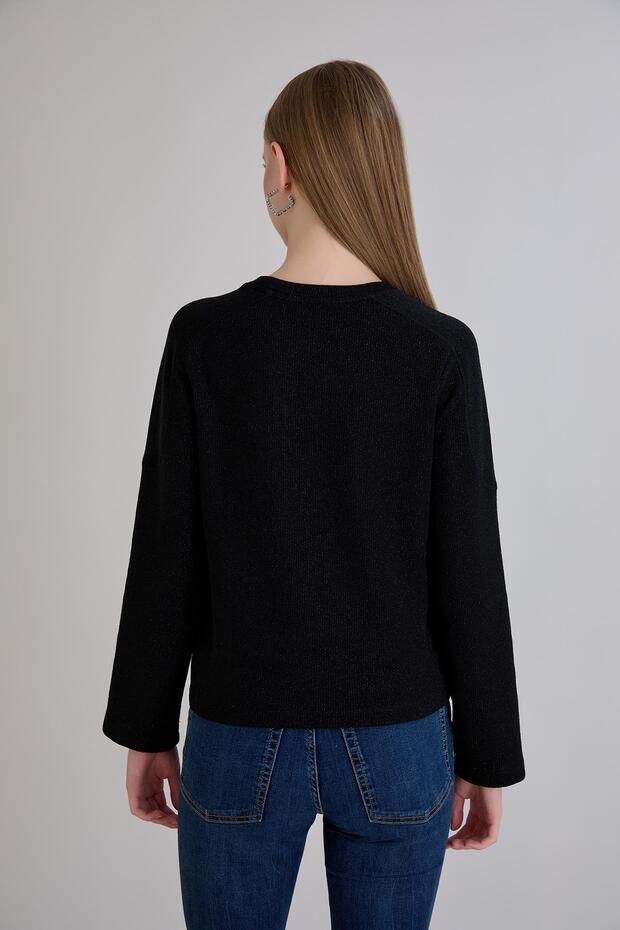 Kadın Bisiklet Yaka Regular Kalıp Siyah Basic Simli Triko - 3
