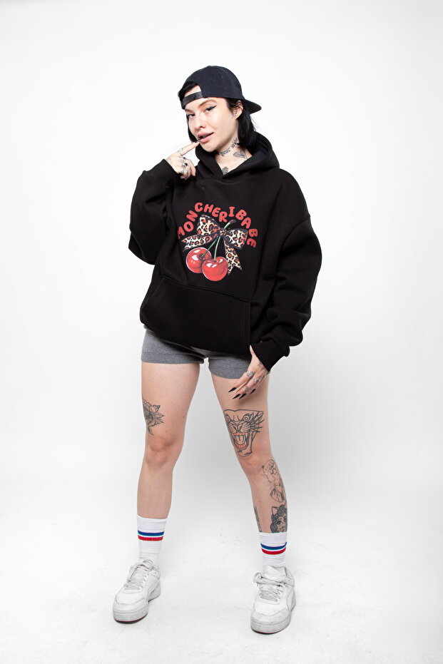 Mon Cherie Printed Oversize Black Hoodie