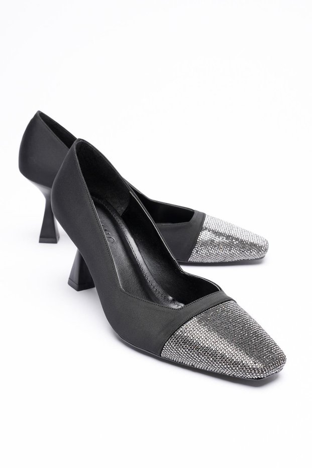 Women's Satin Heeled Shoes 7 cm Toe Stone Detailed Black Lusira