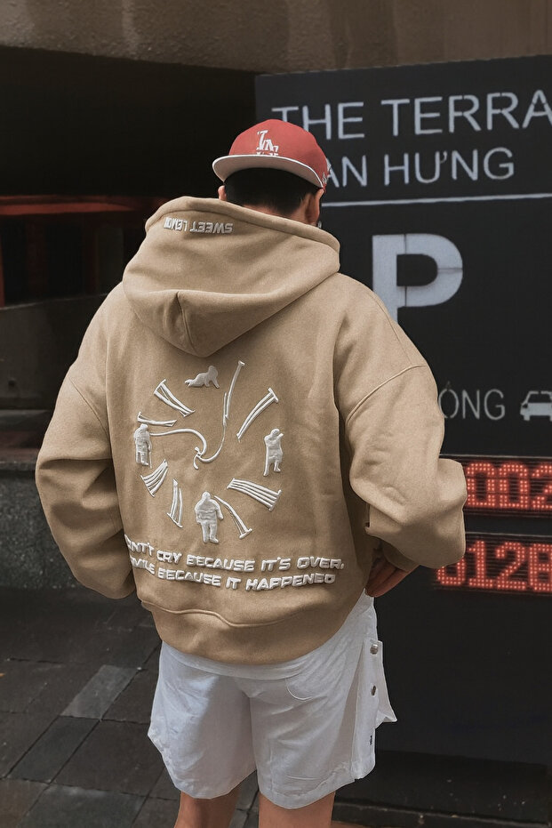 Unisex 3-Thread Hooded Sweatshirt with Kangaroo Pocket, Printed with Text and Figure Pattern on the Back - 1
