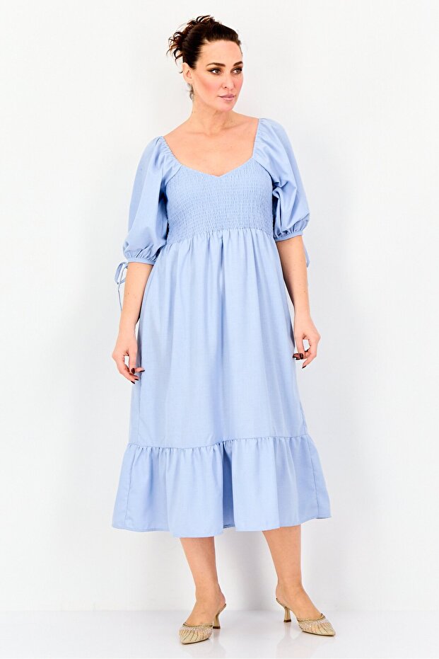 Women Shirred A-Line Dress, Light Blue