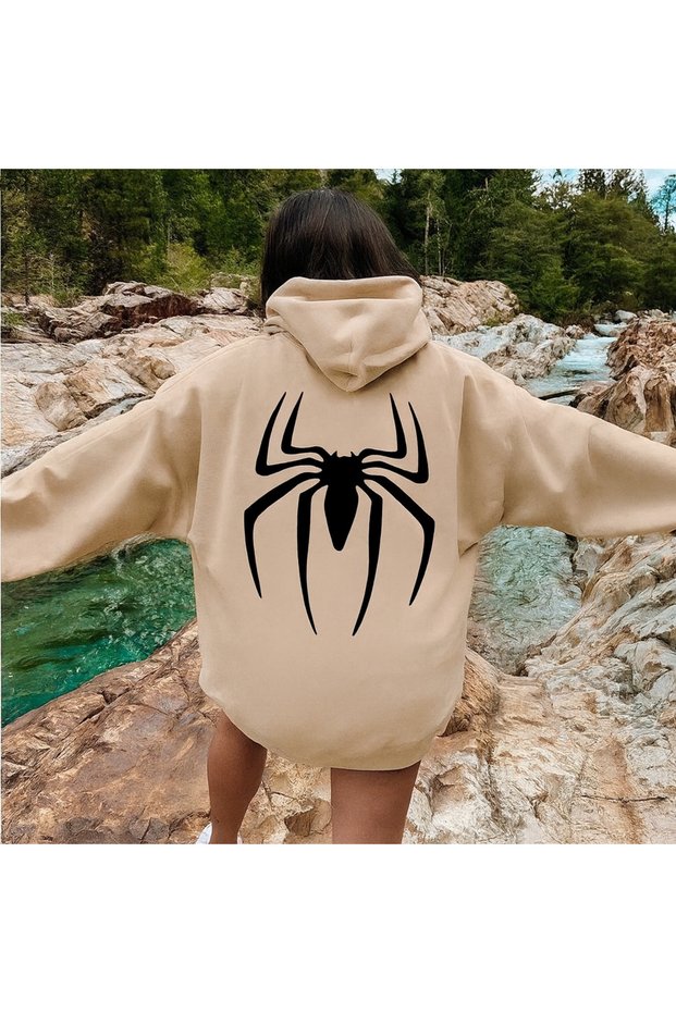 3 Thread Unisex Hooded Kangaroo Pocket Hoodie Large Black Spider Printed Sweatshirt
