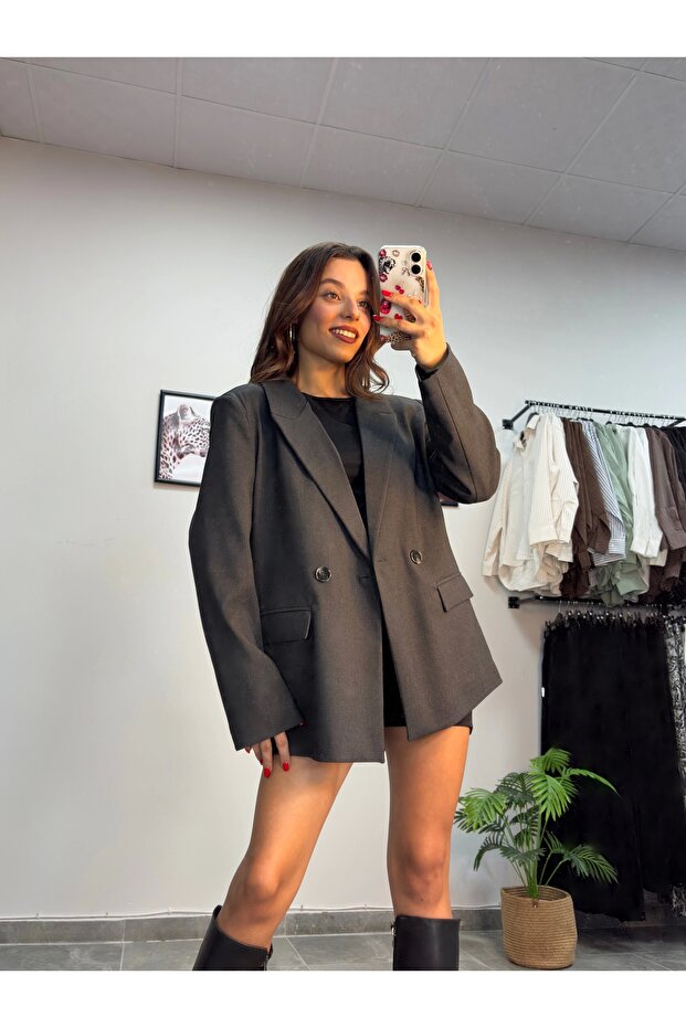 Füme Düğmeli Blazer Ceket - 1