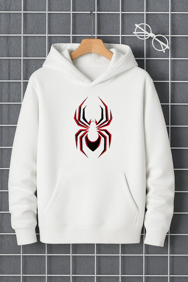 Unisex Kangaroo Pocket 3 Thread Hoodie Modern Spider Print with Hood in White and Red Detail