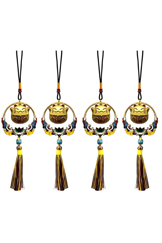 Colorful Tassel Detailed Feng Shui Lucky Cat Hanging Accessory Ornament Bringing Positive Energy and Abundance