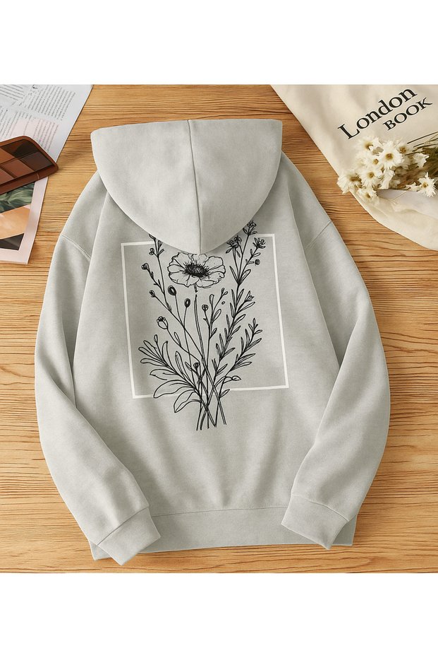 Women's Hooded Kangaroo Pocket Oversized Sweatshirt with Floral Pattern on the Back, Printed, Comfortable, Casual
