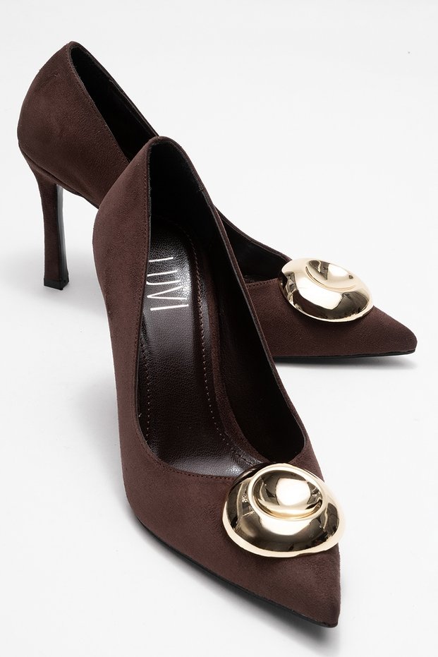Jordana Brown Suede Gold Buckle Women's Thin Heeled Shoes