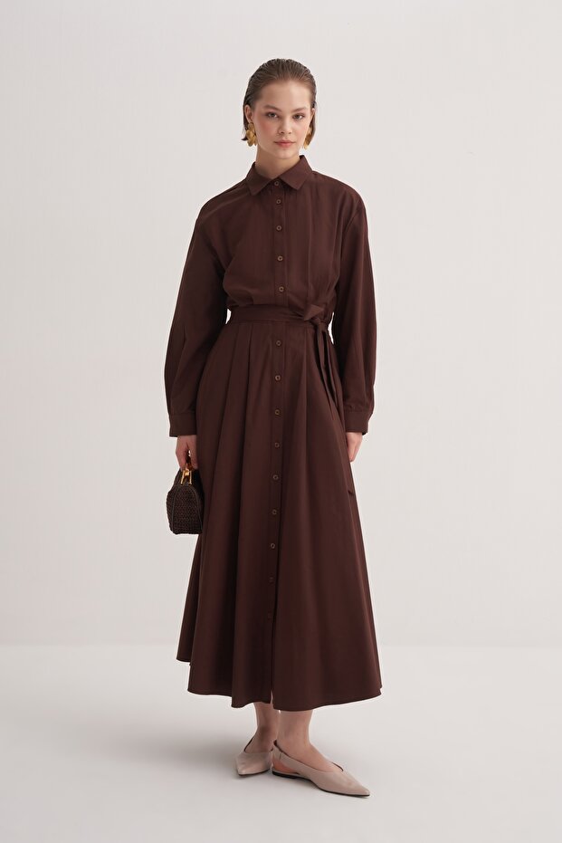 Women's Poplin Pleated Shirt Dress Brown