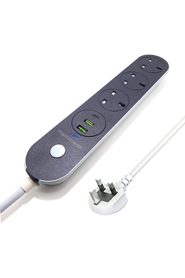 شريط طاقة ممتد بطول 3 أمتار يحتوي على 2 منفذ USB و1 PD من النوع C 3A و3 مقابس طاقة بريطانية وكابل تمديد عالي التحمل