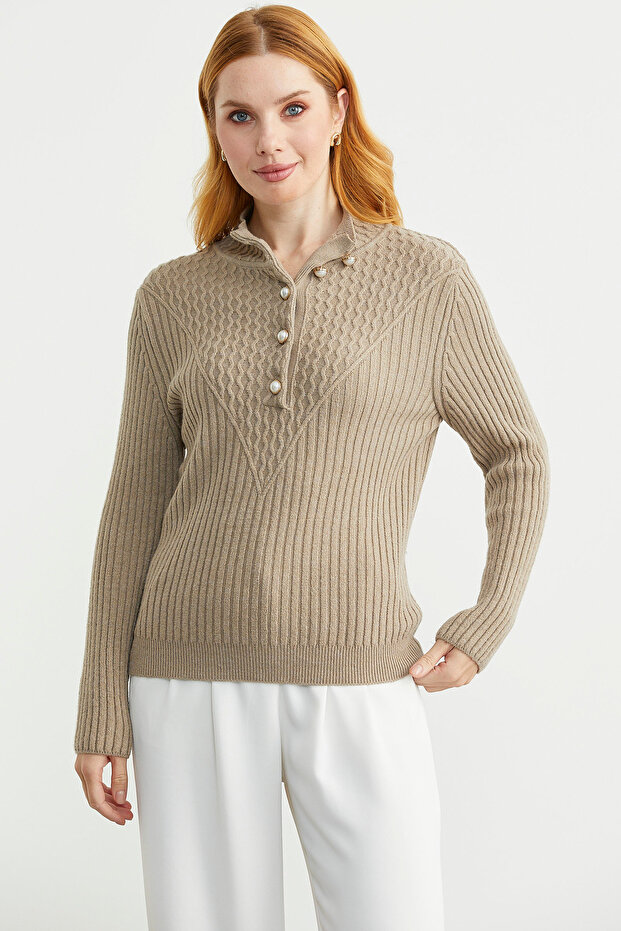 Önü Düğmeli Dik Yaka Triko Kazak - Kamel - 5