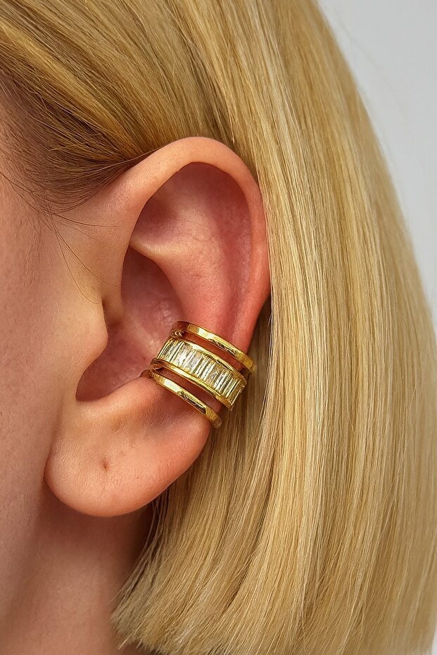 Altın Renk Taş Detaylı 14K Altın Kaplama TX Ear Cuff (Tek) - 1