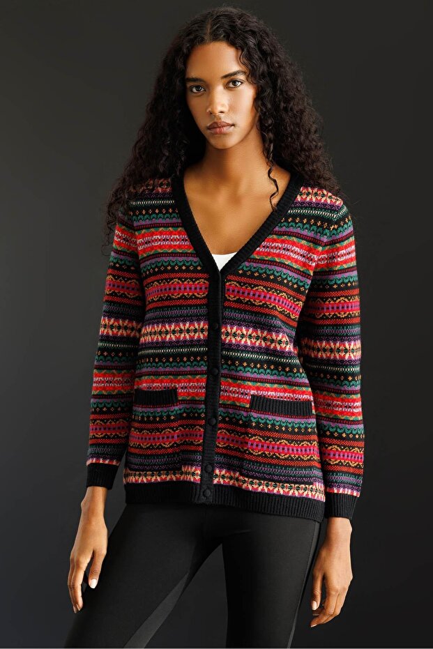 Women's V-Neck Jacquard Wool Cardigan Black