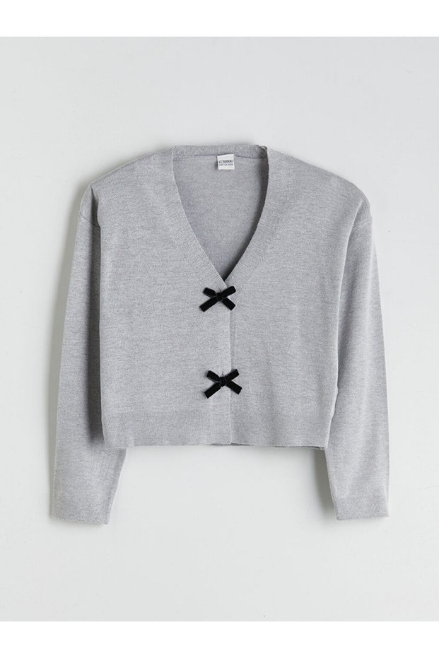 Esvab • Modern & Distinctive V-Placket Bow Detailed Girls' Knitwear Cardigan