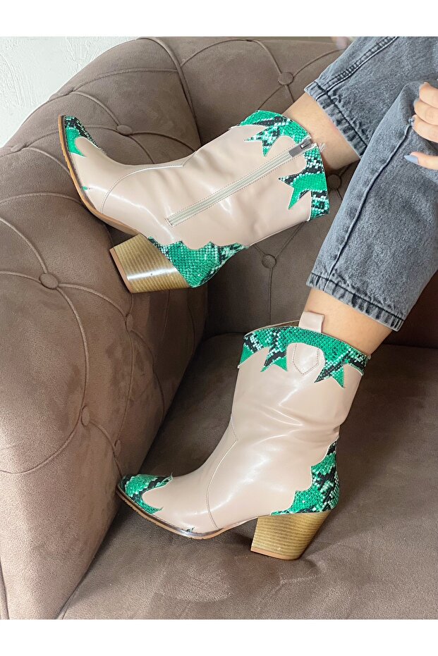 DORİ BEIGE LEATHER GREEN SNAKE LEATHER DETAIL DALLAS WESTERN BOOTS