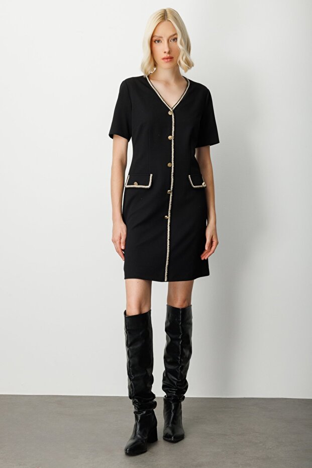 V-Neck Piping Midi Dress Black