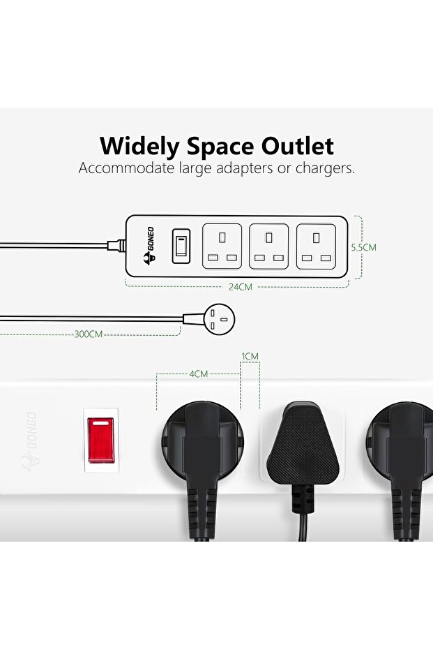 Extension Cord 3M Surge Protection 3 Way Outlets, Power Strip Wall Mounted with Individual Switches - 8