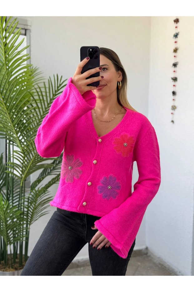 Floral Detail Spanish Sleeve Fuchsia Women's Cardigan
