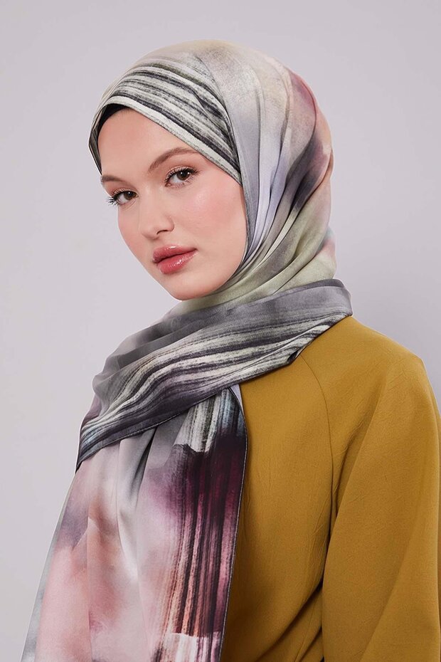 Yeşil Ebruli Desen Twill Şal - 3