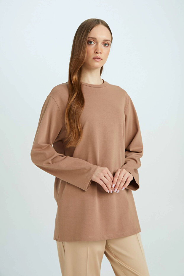 D4897 Kahve Regular Fit Bisiklet Yaka Basic Düz Uzun Kollu Tişört Tunik - 3