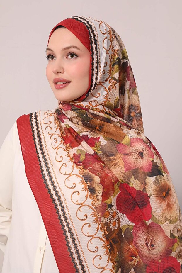 Red Leaf Pattern Cotton Shawl - 1