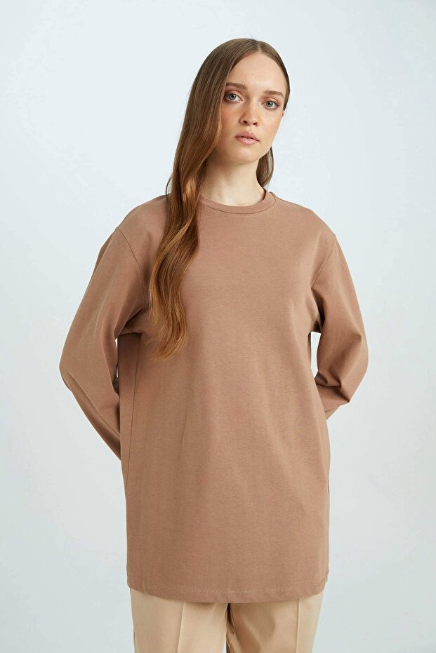 D4897 Kahve Regular Fit Bisiklet Yaka Basic Düz Uzun Kollu Tişört Tunik - 4