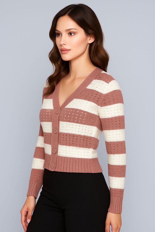 Women's Buttoned Front and Double-Colored Knitwear Cardigan