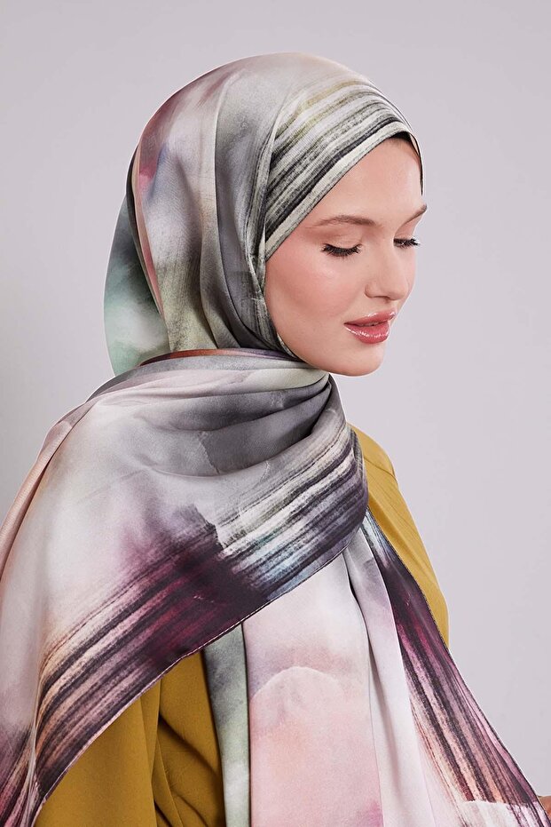 Yeşil Ebruli Desen Twill Şal - 1