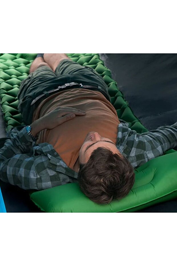 Inflatable mattress with built-in pump for one person, tourist, self-inflating. - 11