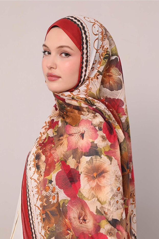 Red Leaf Pattern Cotton Shawl - 2