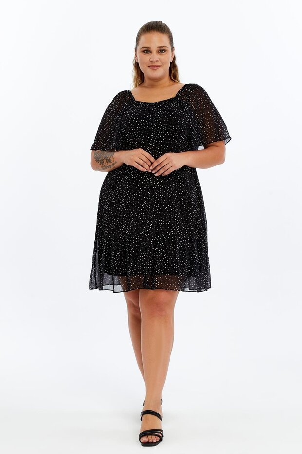 Apsen Women's Black Polka Dot Patterned Skirt Ruffle Chiffon Fabric Short Lined Dress 4514-100