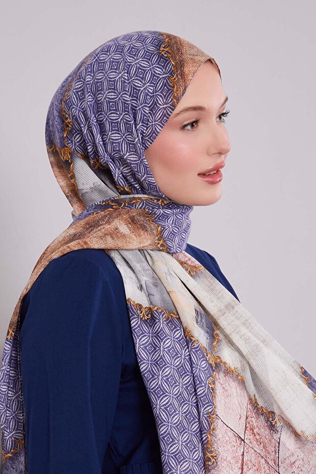 شال قطني بنمط مختلط باللون الأزرق - 1