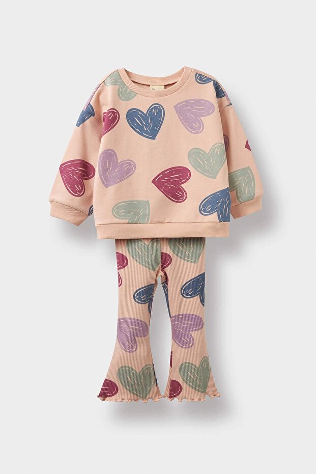 F0516 Pembe Kız Bebek 2'li Takım Kalp Desenli Sweatshirt İspanyol Paça Tayt - 1