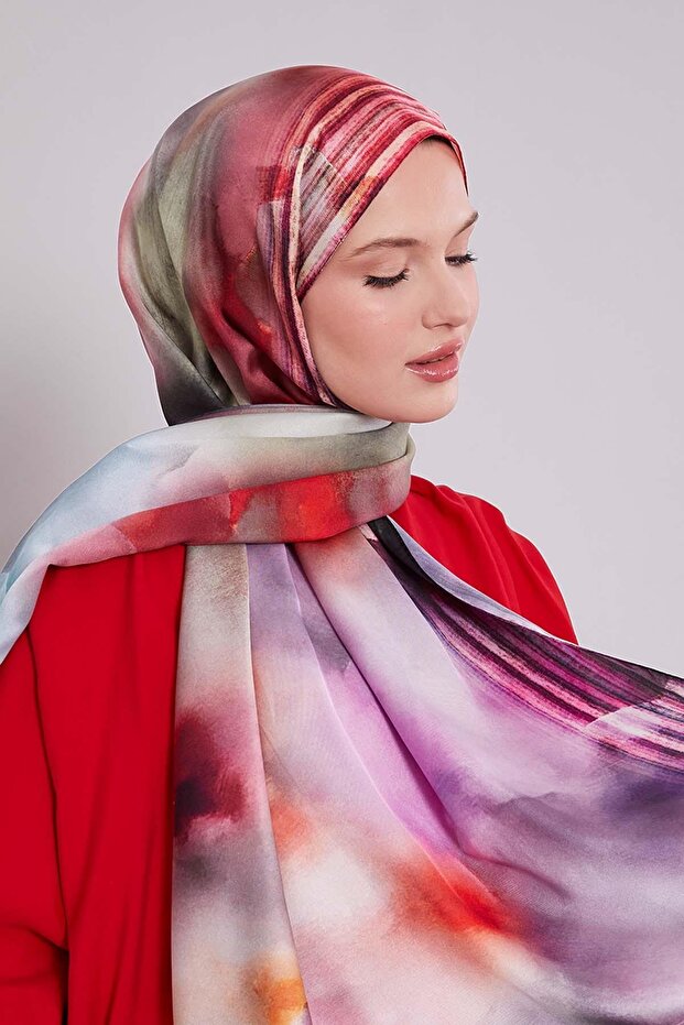 Red Marbled Pattern Twill Shawl - 1