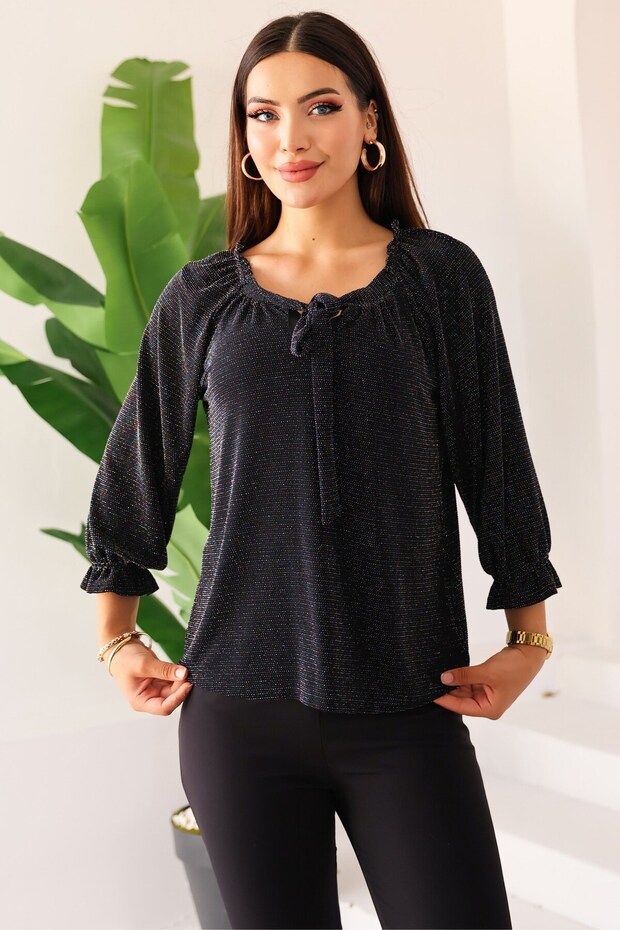 New Season Women's Black Color Stone/Glitter/Shimmering Tie Detail Long Sleeve Blouse – Women's Blouse