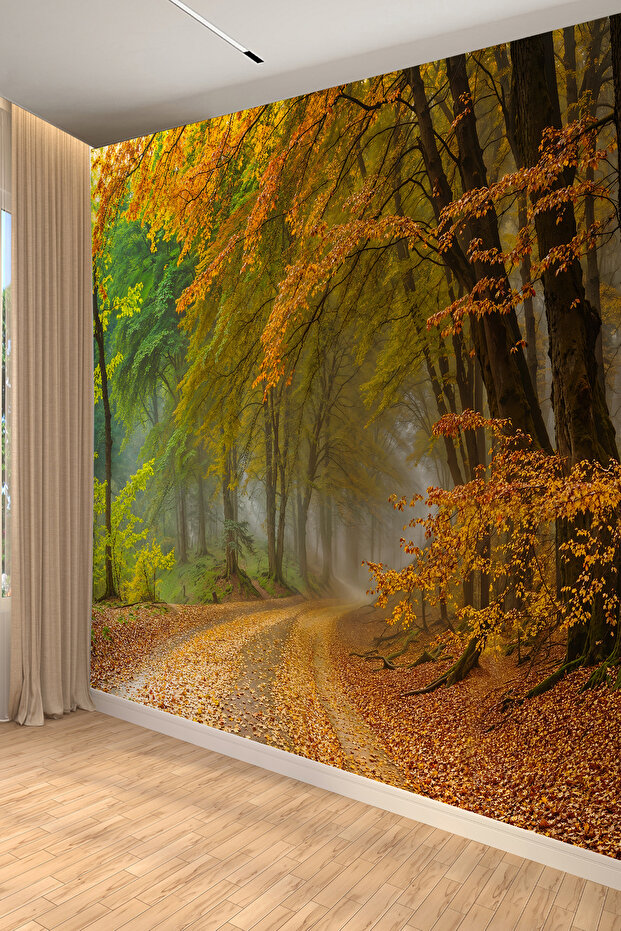 Sisli Ormanda Sonbahar Manzaralı Tekstil Duvar Kağıdı - 1