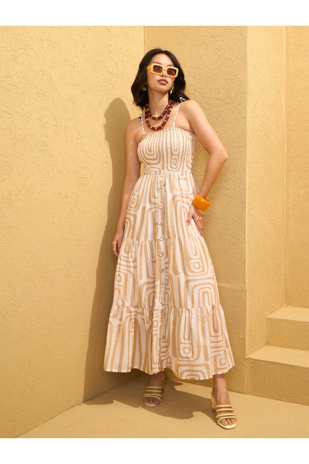 Beige Smocked Strappy Maxi Dress