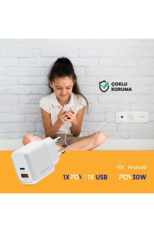 PBS137 Hızlı 1 USB 1 PD Çıkışlı 30W Şarj Adaptörü Duvar Şarjı Beyaz - 3