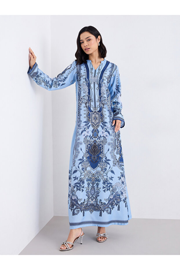 Women Blue Maxi Jalabiya with Matching Scarf