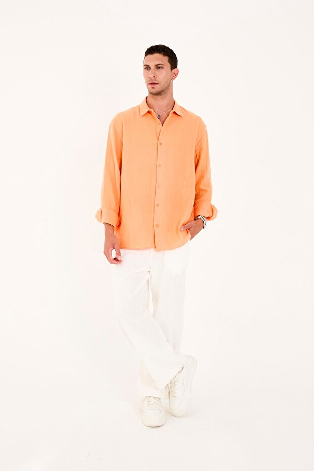 R-6048 Long Sleeve Muslin Shirt with Footed Collar and Back Robe Detail
