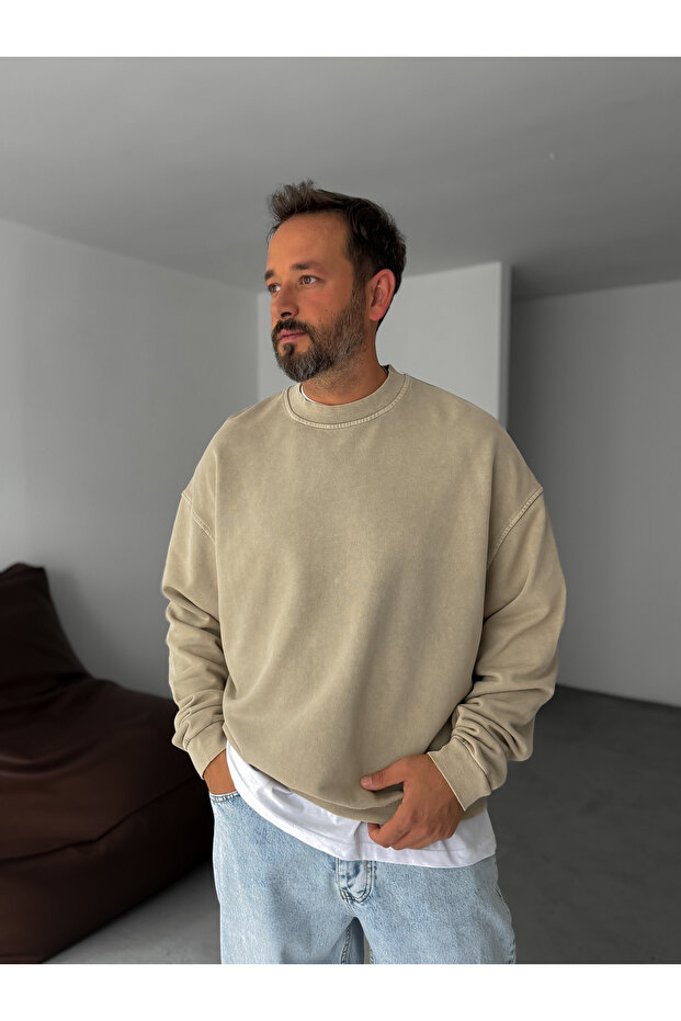 Bej Yıkamalı Basic Sweatshirt DF-2065 - 6