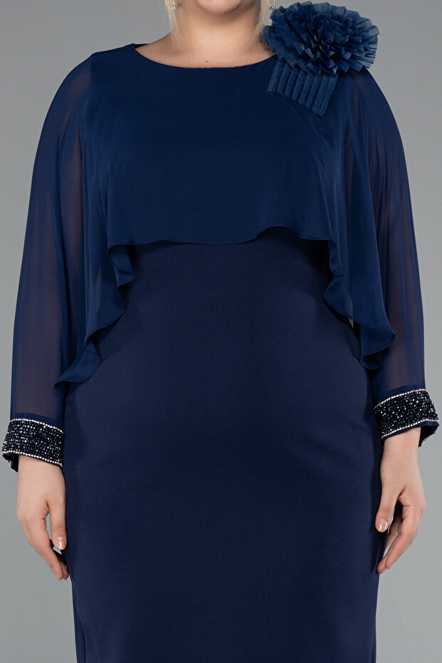 Lacivert Kapri Kol Midi Şifon Büyük Beden Davet Elbisesi ABK2383 - 3