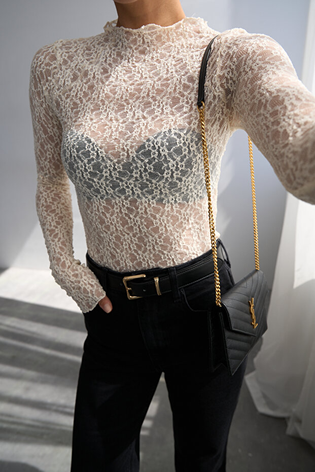 Women's Cream Stand Collar Transparent Lace Blouse